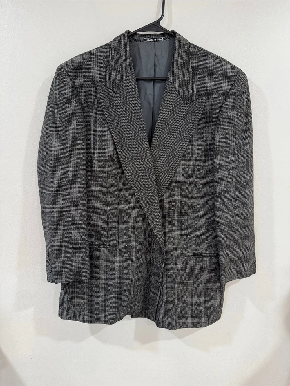 Saks Fifth Ave Men's Double-Breasted Glen Plaid pure virgin wool Blazer Gray